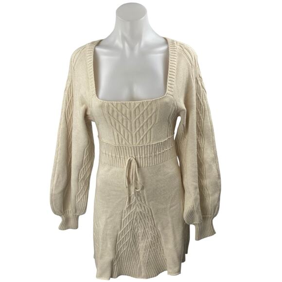 Free People Emmaline Beige Long Sleeve Cable Knit Cutout Mini Sweater Dress S - Picture 2 of 6